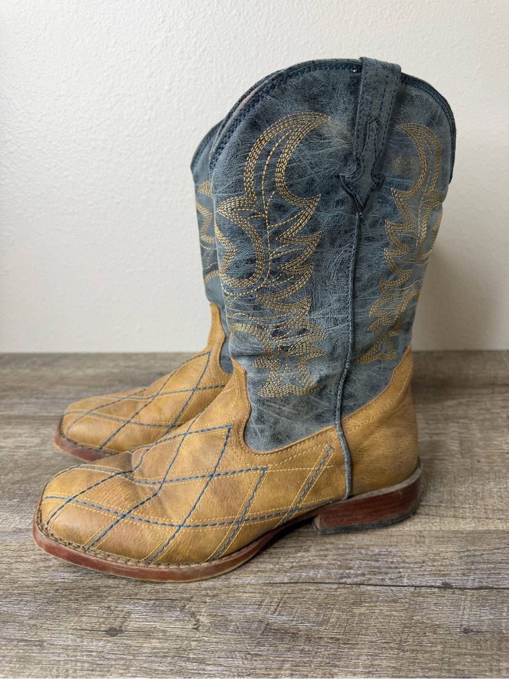 Roper Western Boots Big Kids Cross Cut Tan Blue Square Toe Faux Leather Size 6